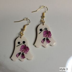 Ghost Earrings with Purple Floral Design Clay